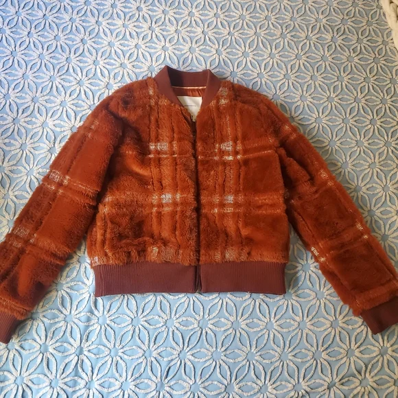 Anthropologie Plaid Teddy Bomber Jacket
